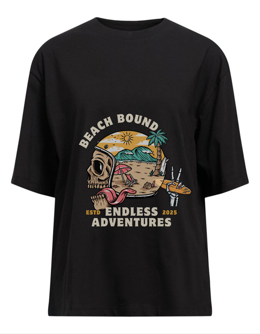 Black t-shirt with 'Beach Bound Endless Adventures' graphic design on a white background