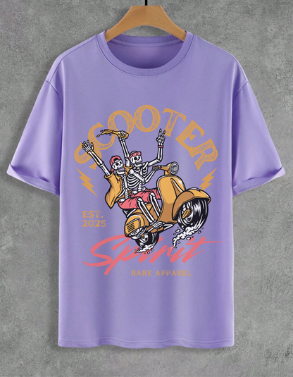 Purple t-shirt with skeleton graphic and text on a gray background