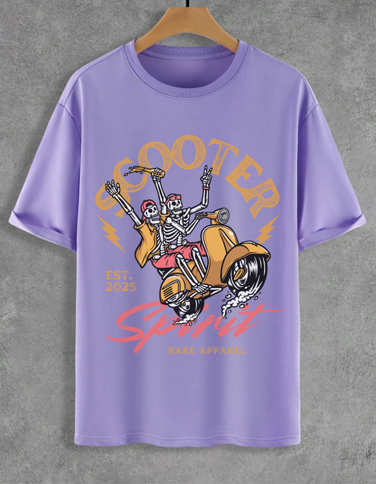 Purple t-shirt with skeleton graphic and text on a gray background