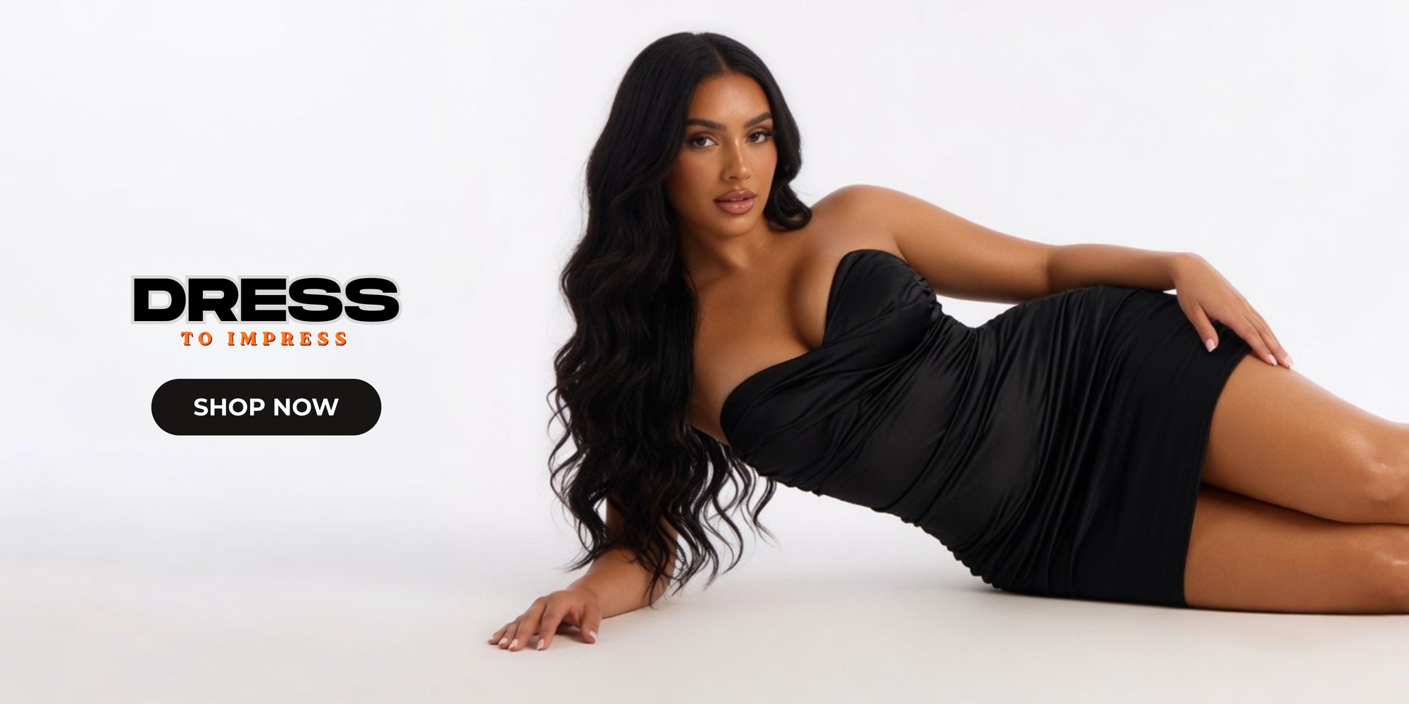 Woman in a black dress lying on a white background with 'Dress to Impress' text.