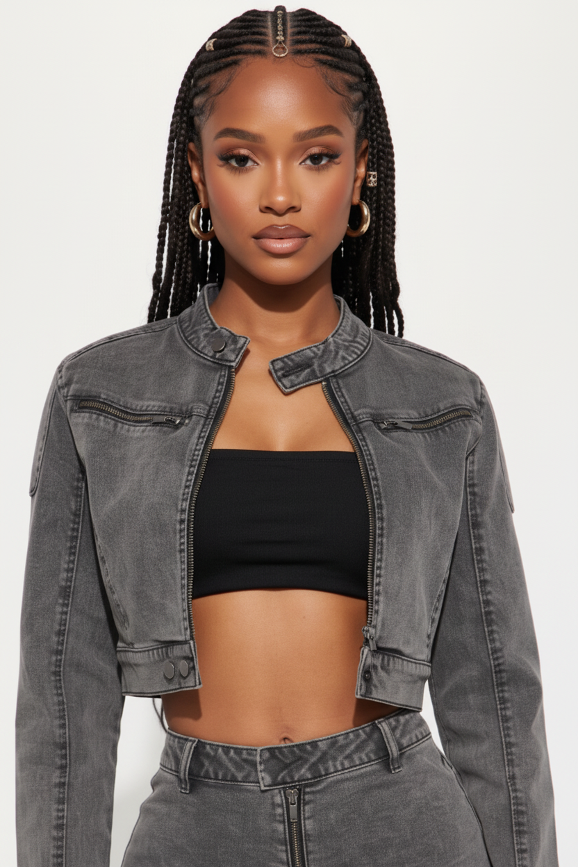 Woman wearing a gray denim jacket and pants with a black top on a white background