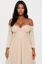 Off Shoulder Crepe Knit Midi Dress