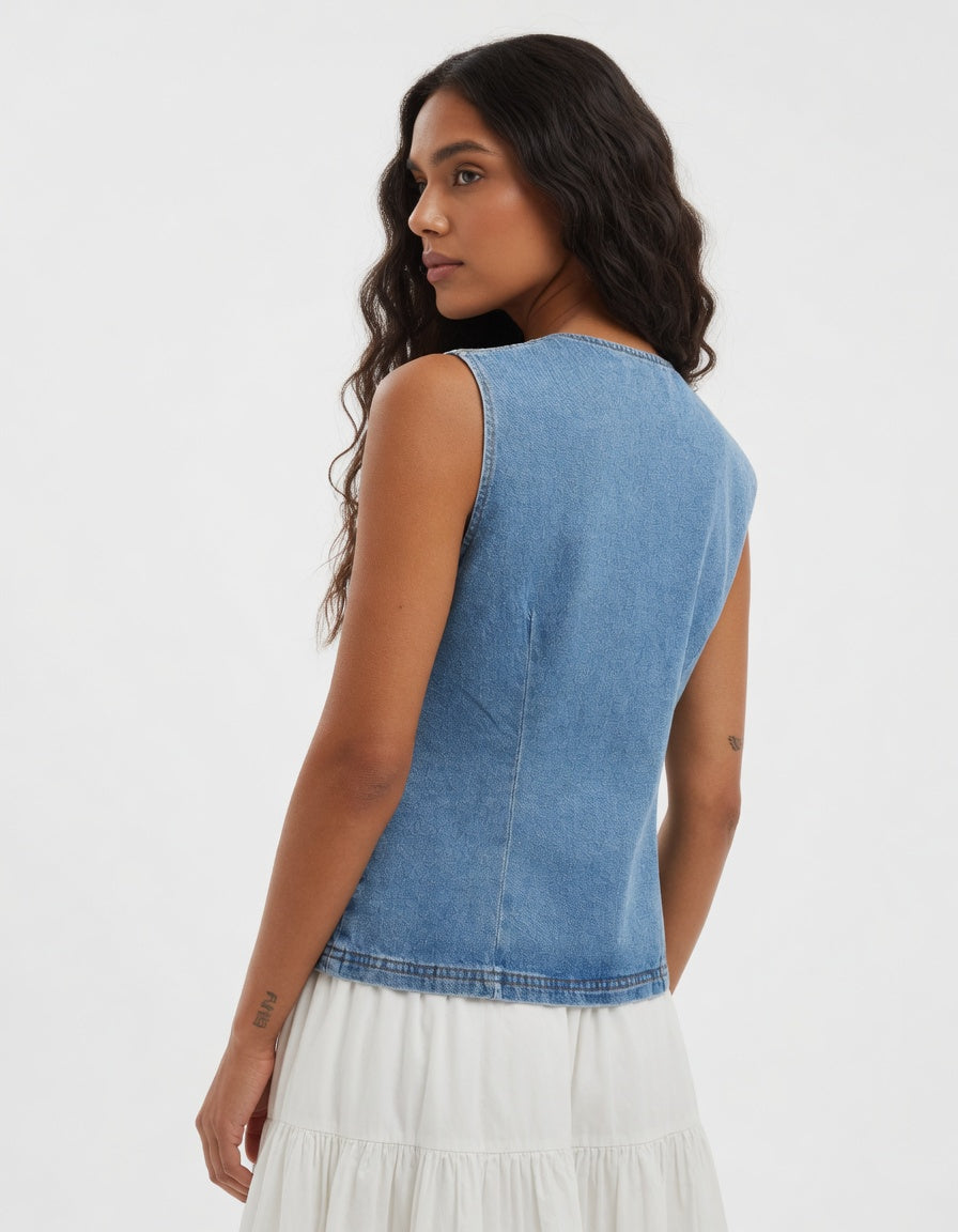 Woman wearing a blue denim top and white skirt on a white background
