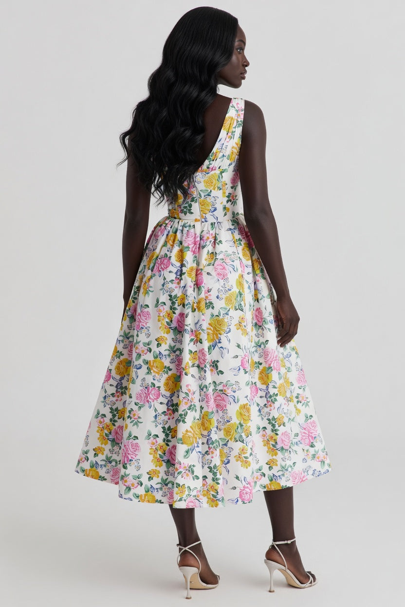 Woman wearing a floral dress on a plain background