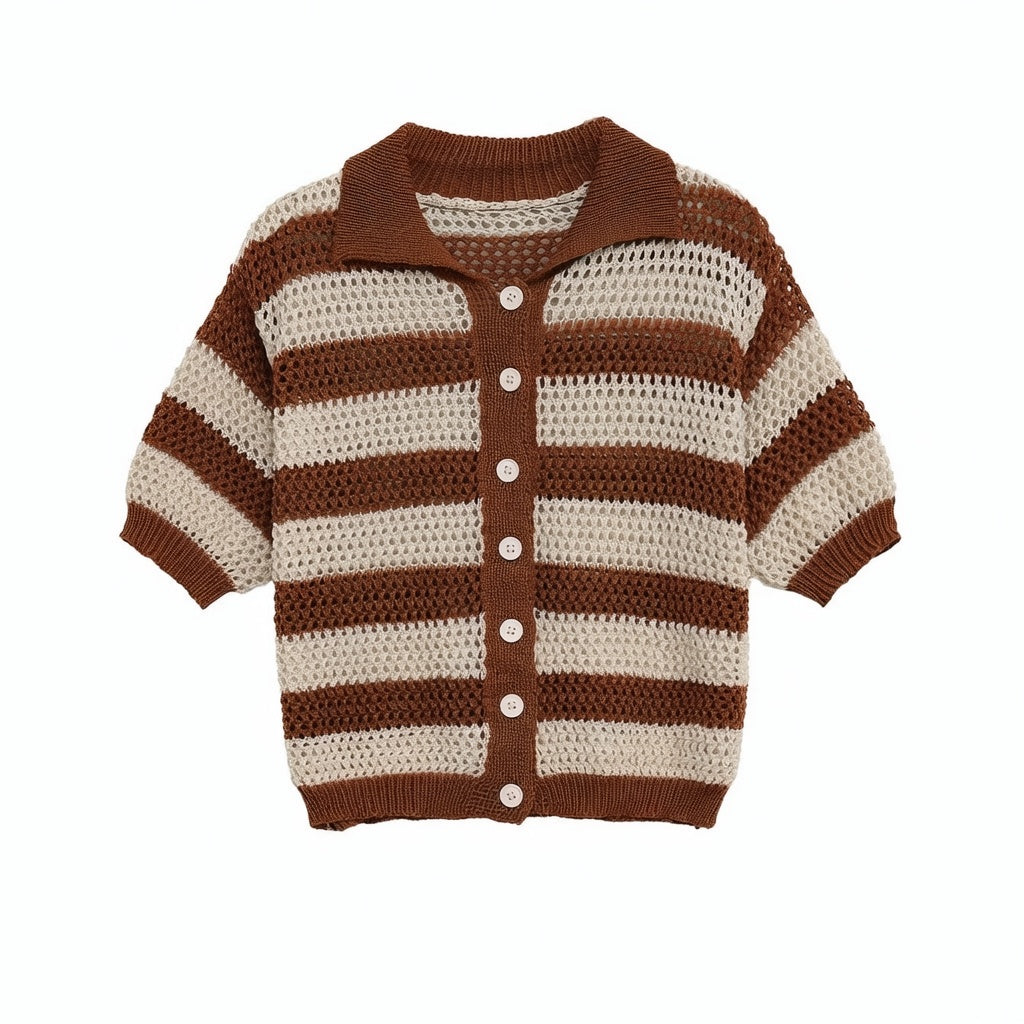 Striped Knit Cardigan Shirt and Knit Shorts Set