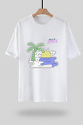 White t-shirt with a graphic design on a gray background