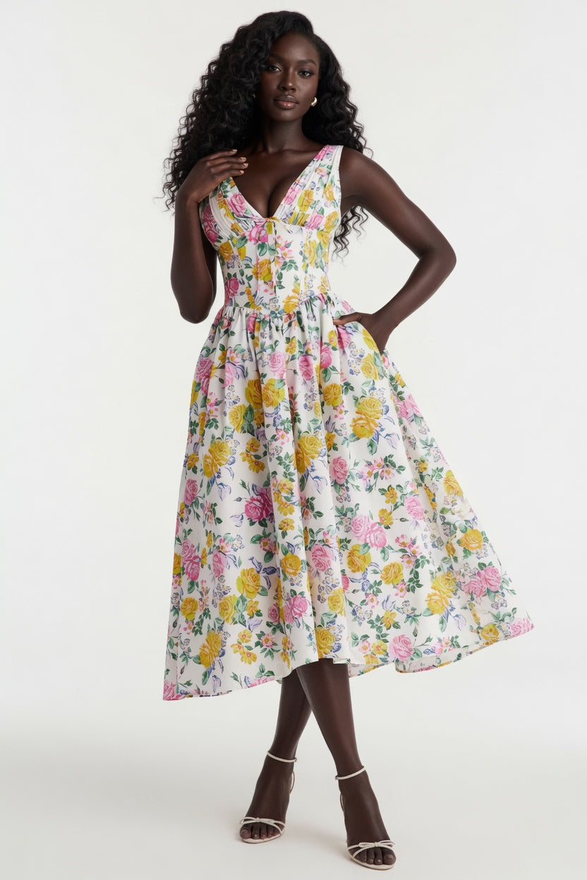 V-Neck Bowknot Waist Flare Hem Floral Dress