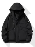Black hooded jacket with brand logo on a white background