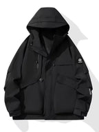 Black hooded jacket with brand logo on a white background