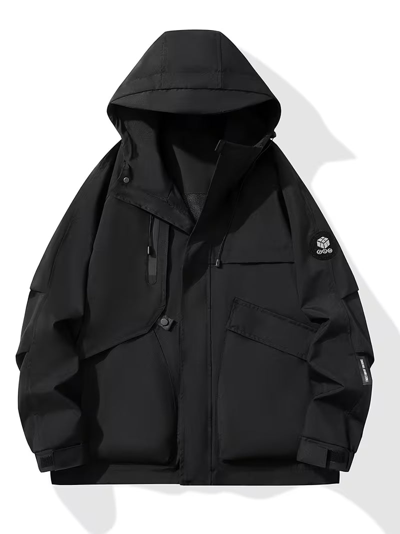 Black hooded jacket with brand logo on a white background