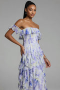 Woman wearing a floral off-shoulder dress against a gray background