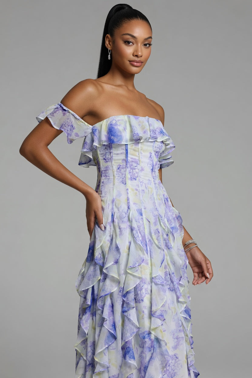 Elegant Flowy Off Shoulder Ruffle Floral Maxi Dress