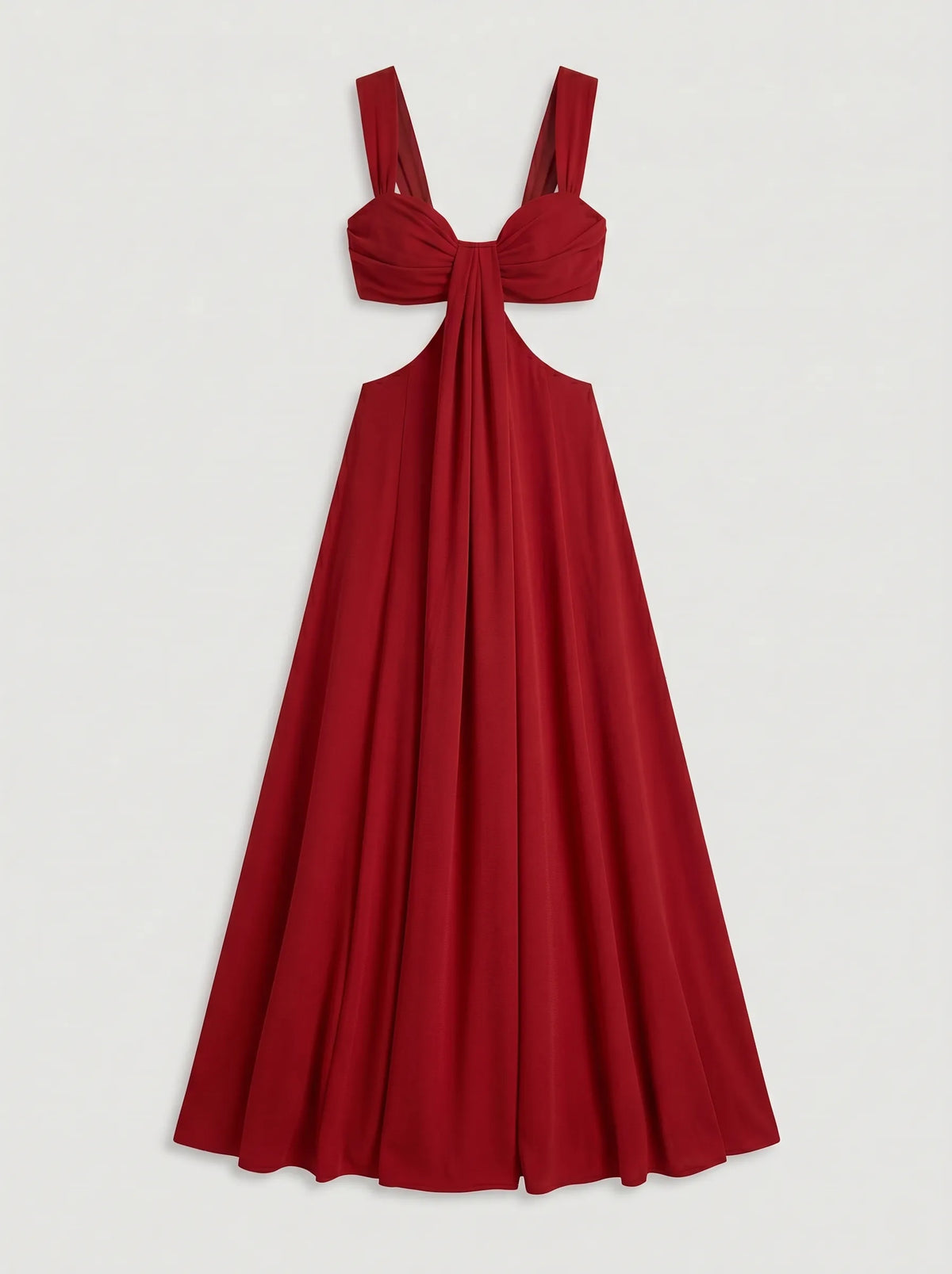 The dress shown is a crimson red maxi dress featuring side cutouts at the waist, a structured sweetheart bustier top with gathered drape detail, wide shoulder straps, and a bow tie backclosure.