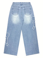 Embroidered Bow Detail Straight-Leg Jeans
