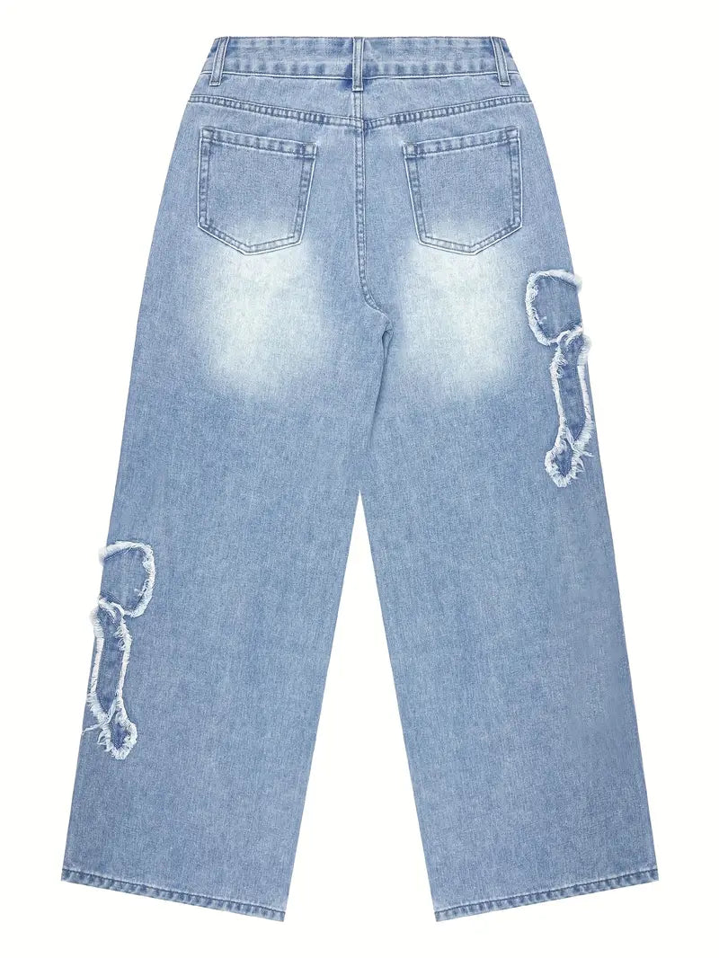 Embroidered Bow Detail Straight-Leg Jeans