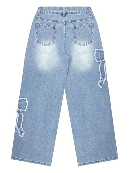 Embroidered Bow Detail Straight-Leg Jeans