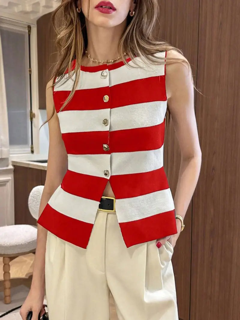 Stripe Asymmetrical Round Neck Fitted Knit Top