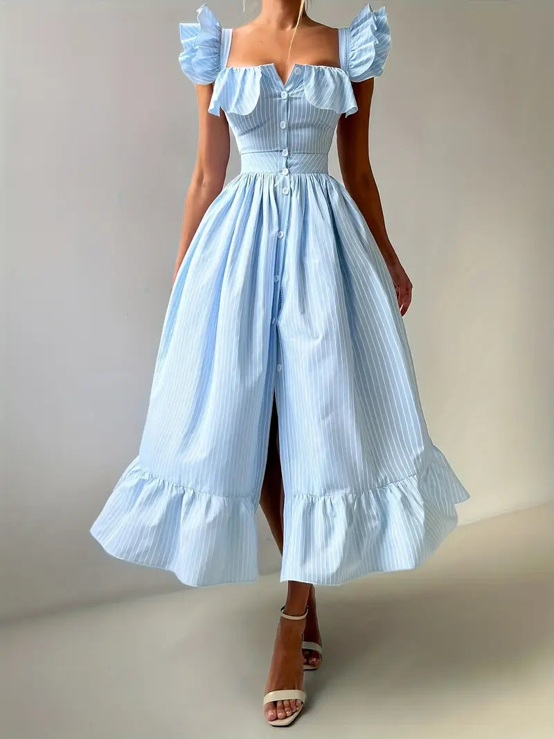 Striped Ruffle Edge Square Neck Dress