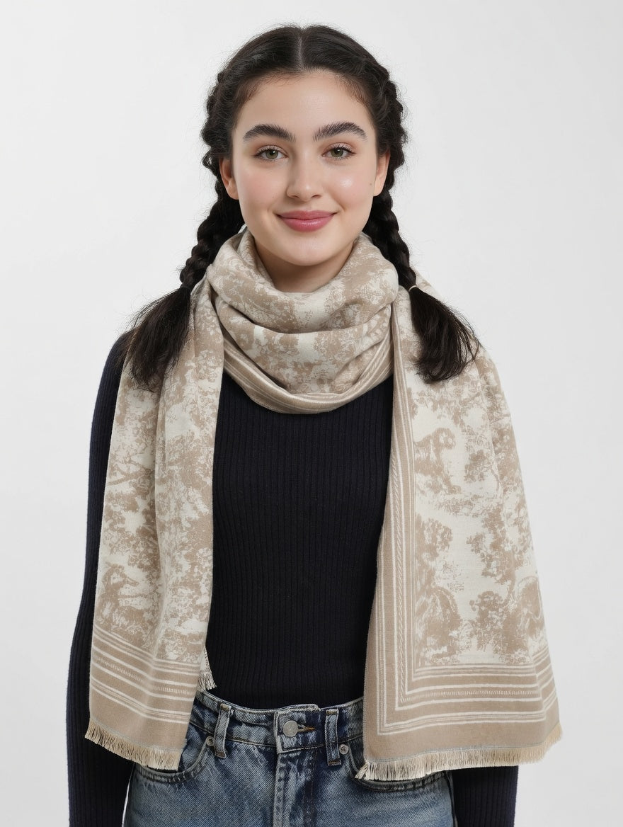 Woman wearing a beige patterned scarf on a white background