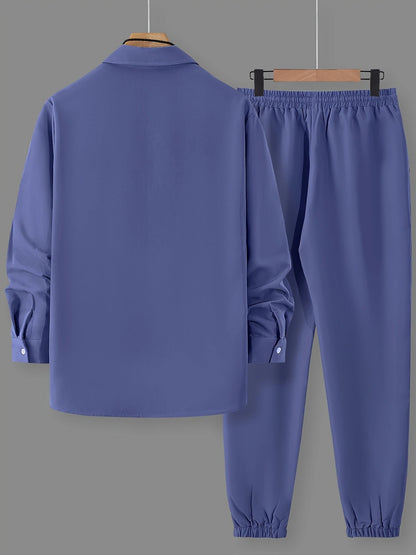 Long Sleeve Shirt Solid Drawstring Pants Two-piece Sets