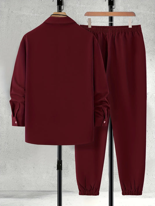 Long Sleeve Shirt Solid Drawstring Pants Two-piece Set