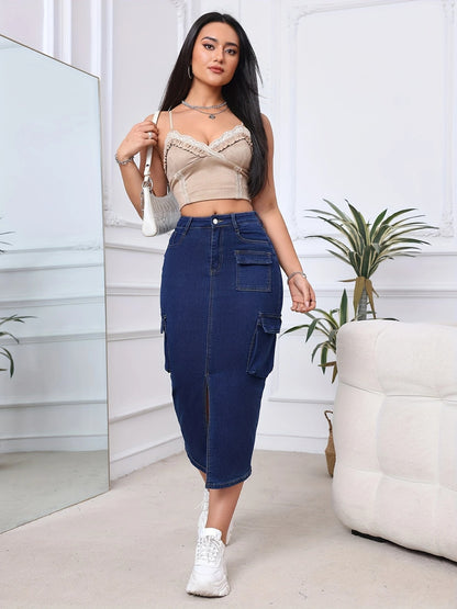 High-Waisted Midi Denim Skirt