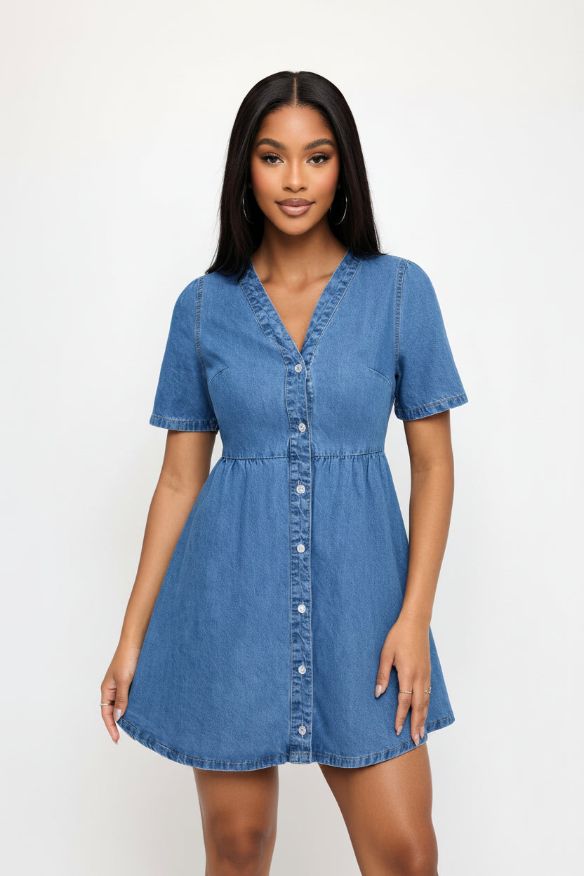 Woman wearing a blue denim dress on a white background