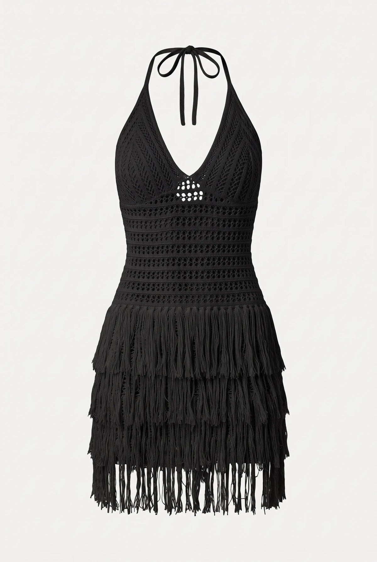 A black crochet halter mini dress with a tiered fringe hem, shown against a plain light gray background.