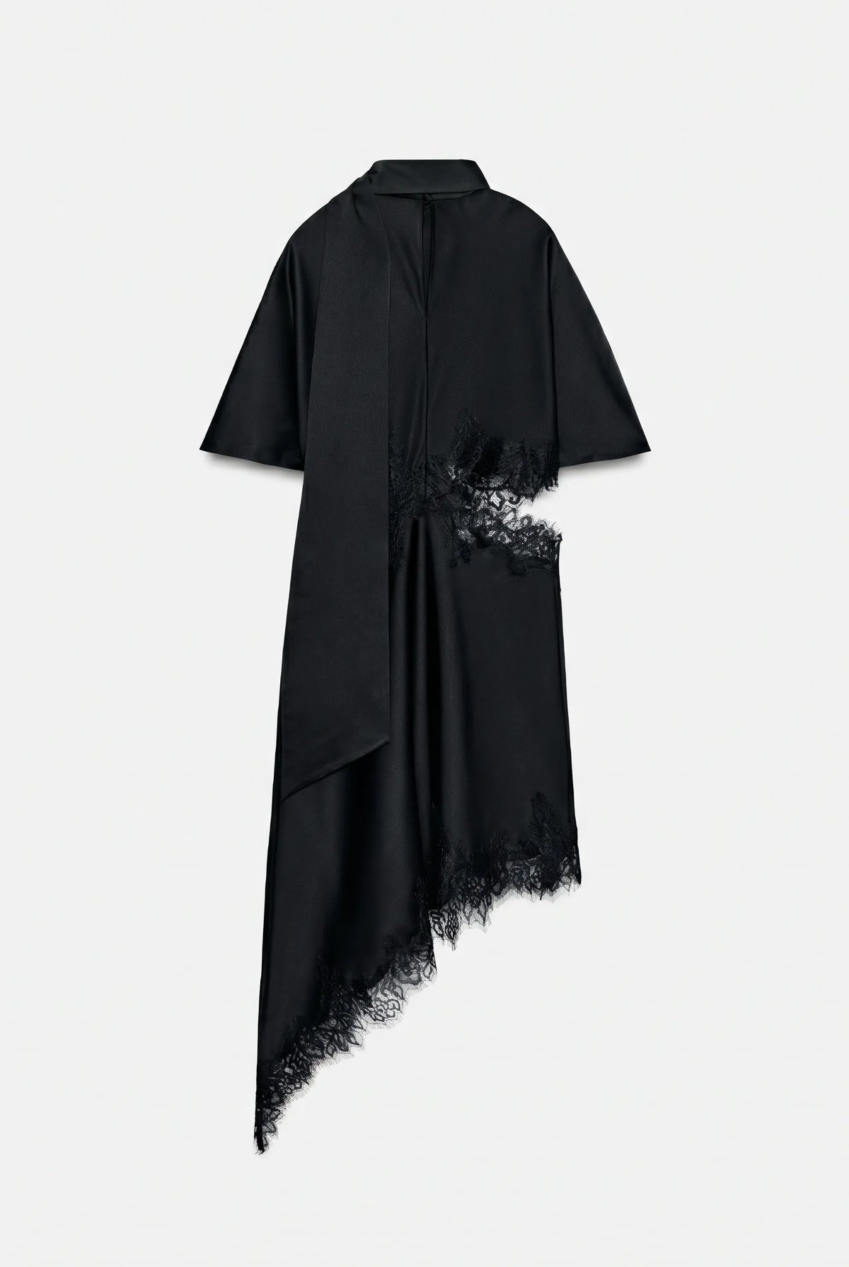 Modern short-sleeved mini dress features an elegant high-neck collar with an attached, long trailing scarf tie that drapes fluidly down the front. Designed with a contemporary midsection cut-out, the edges of the waist, bodice, and asymmetrical hemline are embellished with delicate, intricate eyelash lace trim for a sensual, sheer contrast. The fluid skirt falls into an asymmetrical high-low hem finish, combining structured, high-fashion tailoring with romantic boudoir-inspired details.