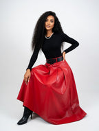 Solid PU Leather Flared Skirt