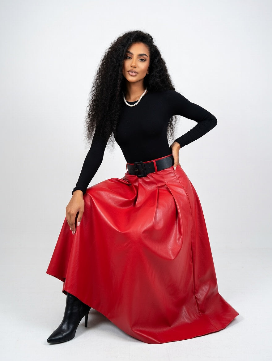 Solid PU Leather Flared Skirt