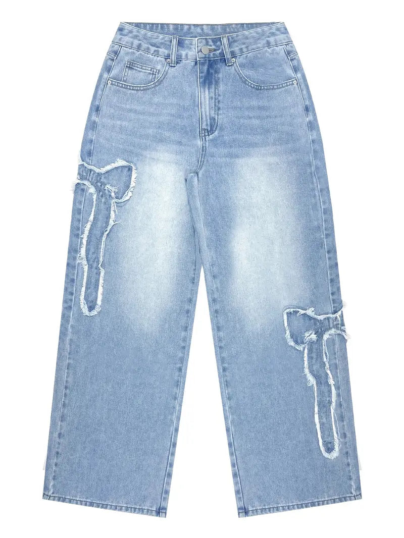 Embroidered Bow Detail Straight-Leg Jeans