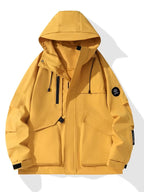 Yellow hooded jacket with black accents on a white background