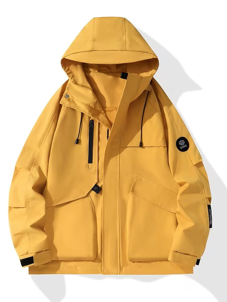 Yellow hooded jacket with black accents on a white background