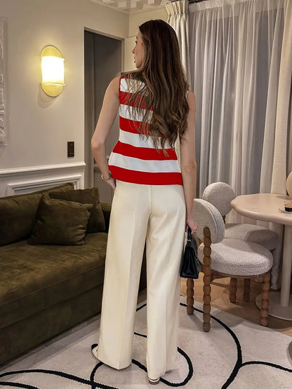 Stripe Asymmetrical Round Neck Fitted Knit Top