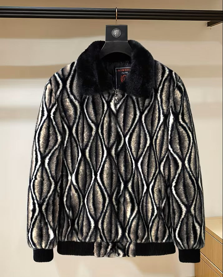 Patterned jacket with fur collar on a hanger against a neutral background