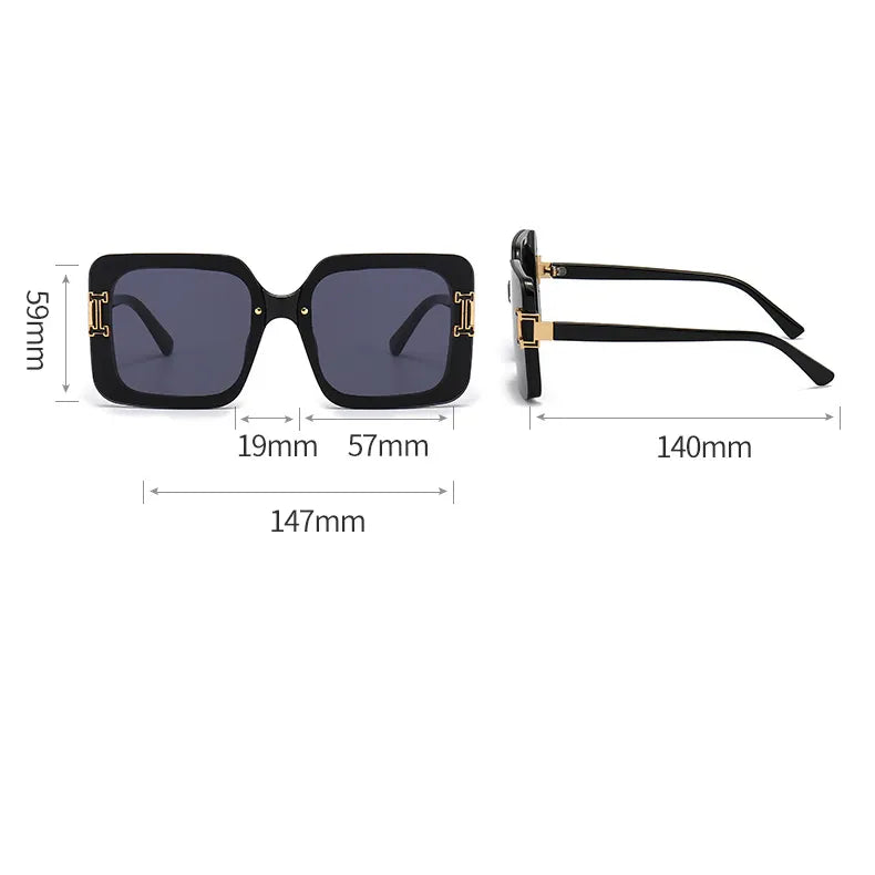 Sunglasses with dimensions labeled on a white background