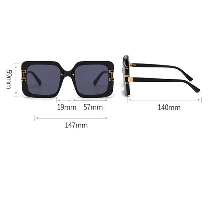 Sunglasses with dimensions labeled on a white background