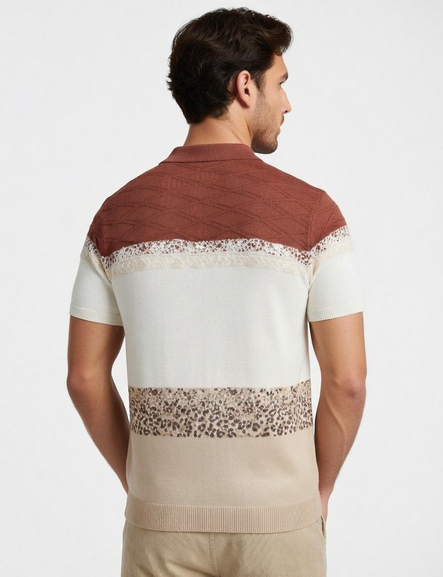 Man wearing a patterned short-sleeve shirt on a white background