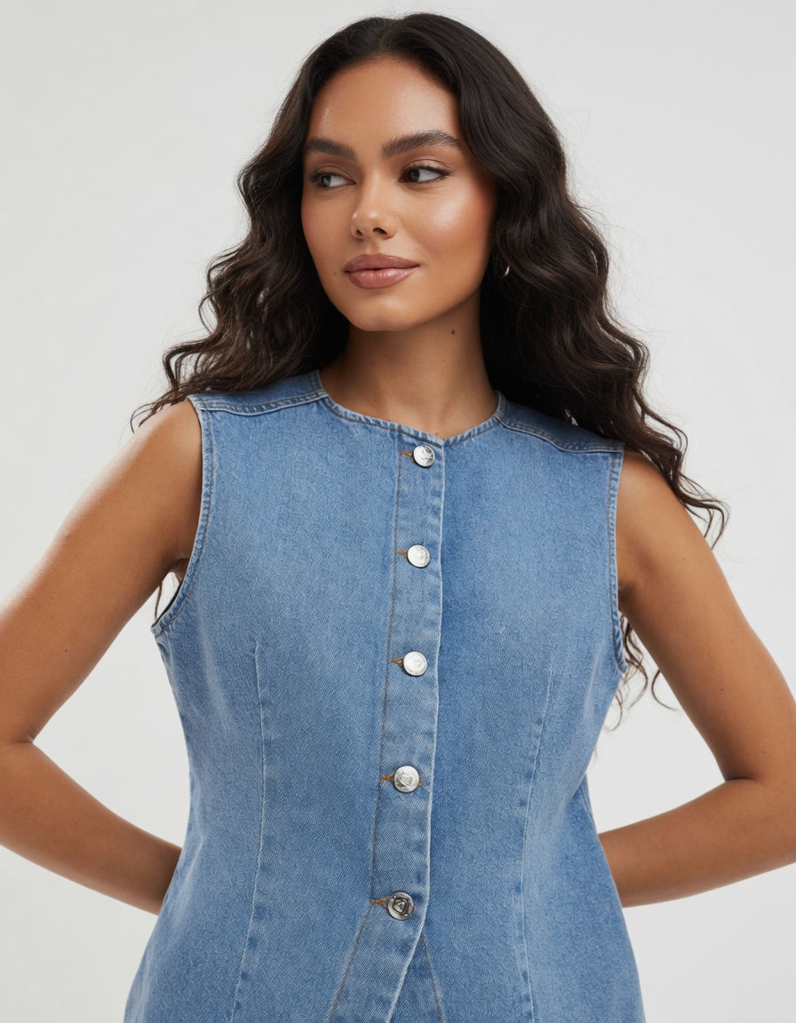 Woman wearing a sleeveless denim dress against a plain background