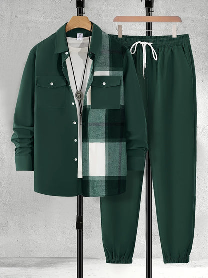 Long Sleeve Shirt Solid Drawstring Pants  Two-piece Set