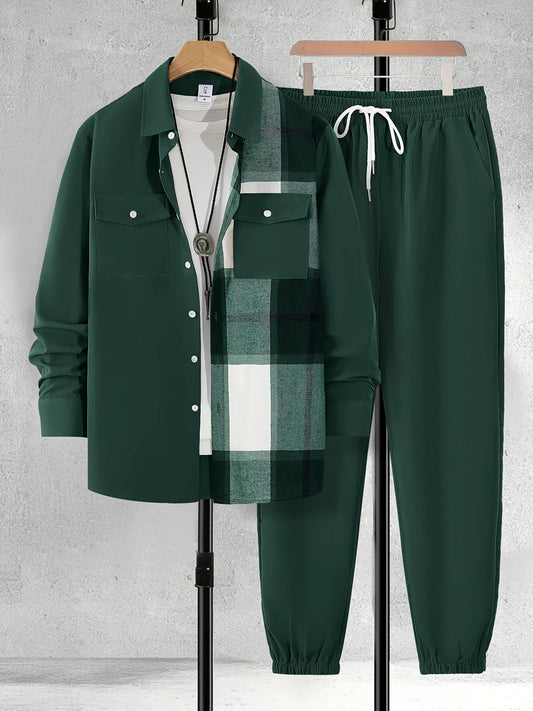Long Sleeve Shirt Solid Drawstring Pants  Two-piece Set