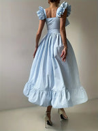 Striped Ruffle Edge Square Neck Dress