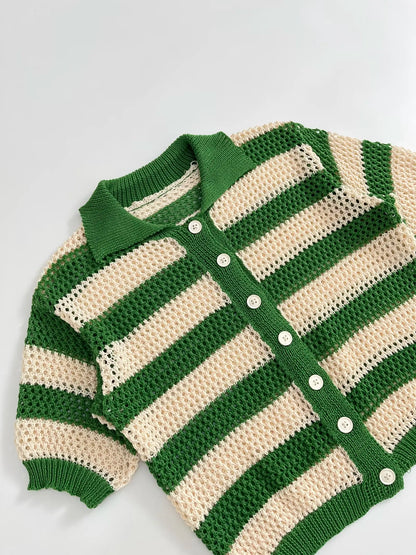 Striped Knit Cardigan Shirt and Knit Shorts Set
