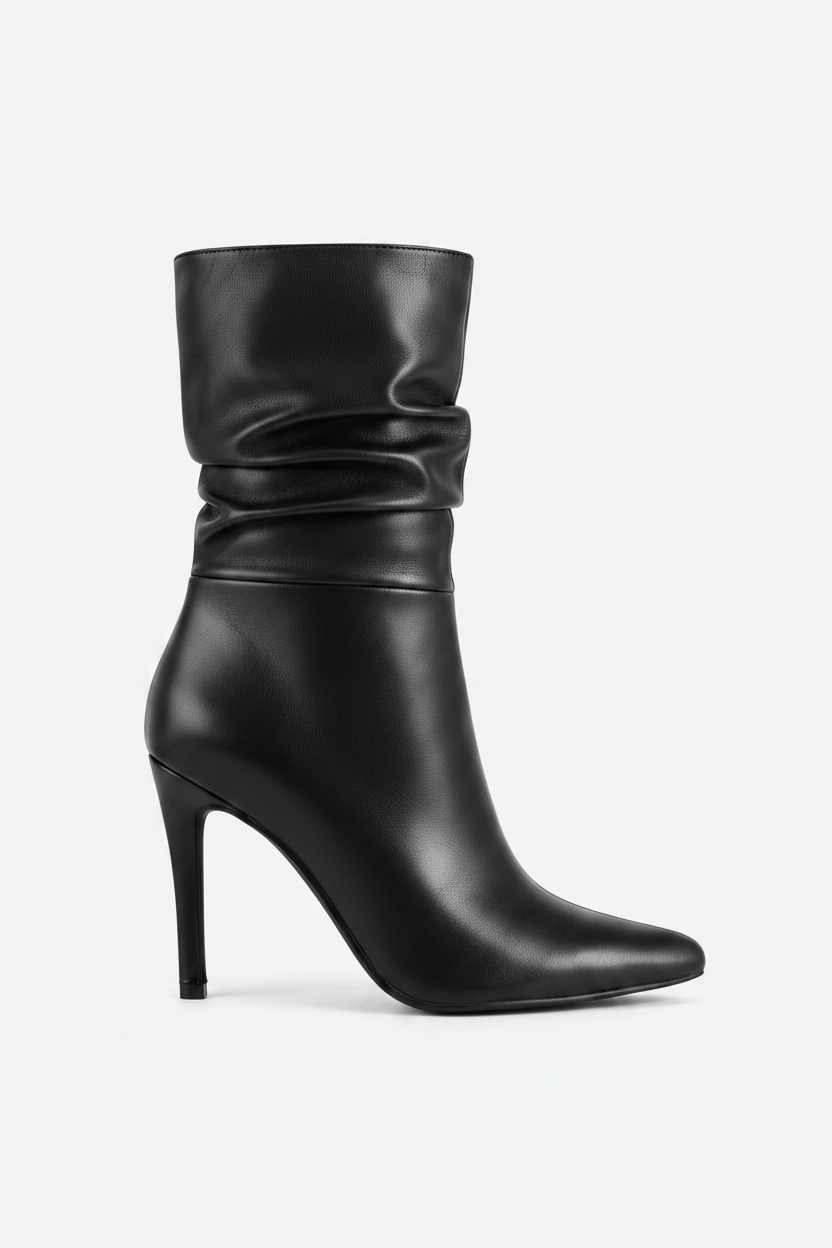 Black high-heeled boot on a white background