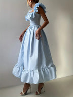 Striped Ruffle Edge Square Neck Dress