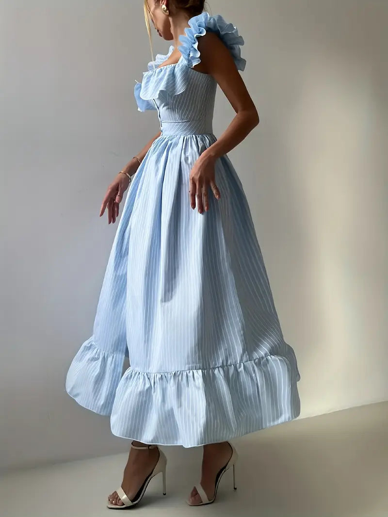 Striped Ruffle Edge Square Neck Dress