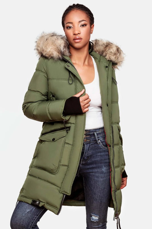 Fuzzy Trim Hooded Padded Coat
