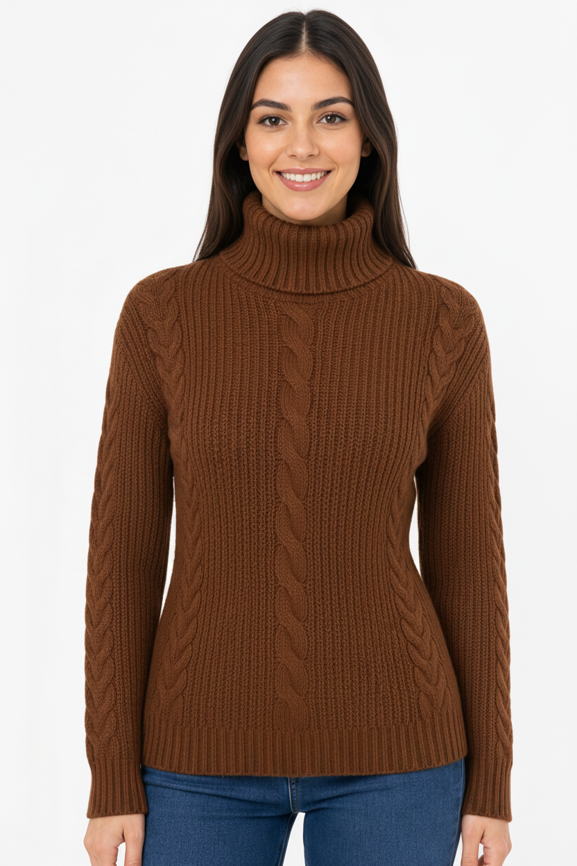 Woman wearing a Brown cable knit turtleneck sweater on a white background