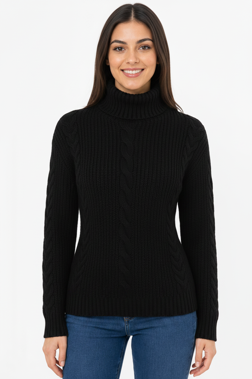 Woman wearing a Black cable knit turtleneck sweater on a white background